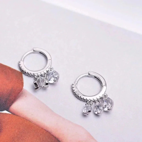 925 Sterling Silver Hoop Diamond Drop Earrings - Picture 5 of 7